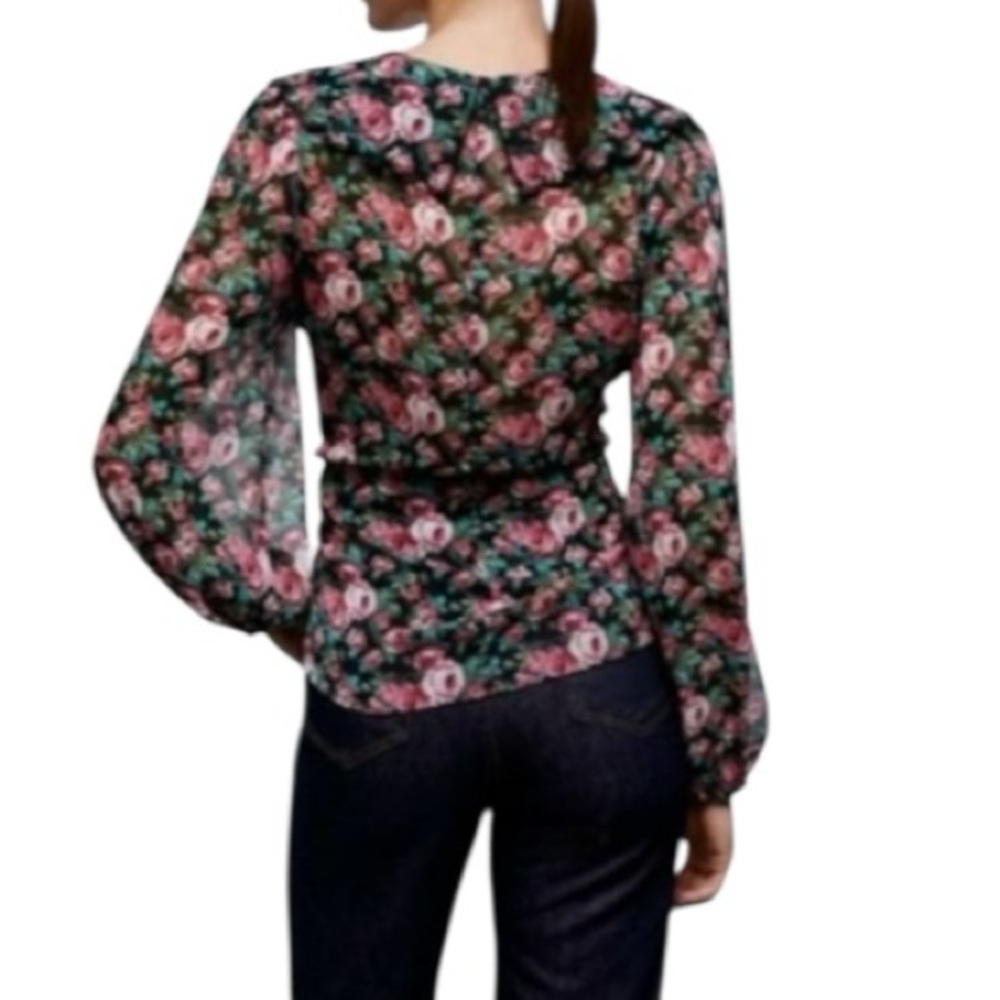 Zara Floral Sheer Corset Tie Ruched Blouse Long Sleeve Size S NWT Cottagecore - Picture 3 of 8